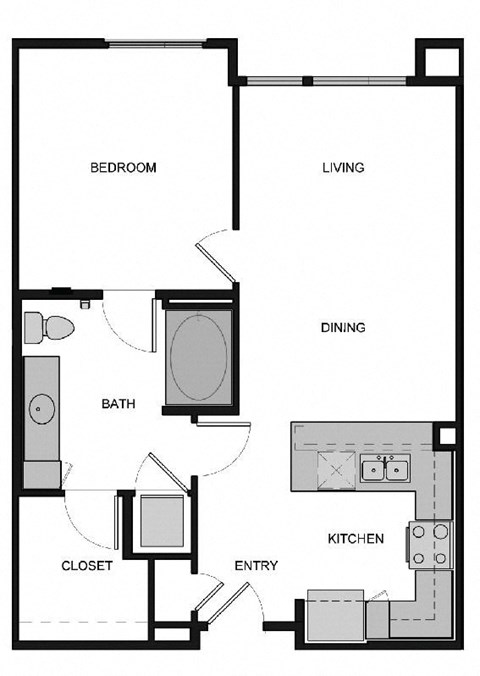 Floor plan for 1 bed, 1 bath, 752 sqft